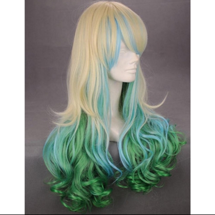 Perruque Vert et Blond cheveux longs et boucls aux pointes 70 cm