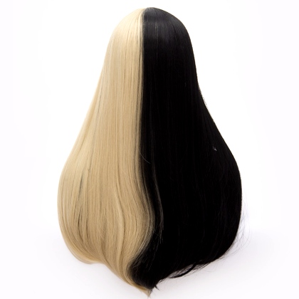 Perruque Blonde et Noire cheveux raides + frange 70 cm