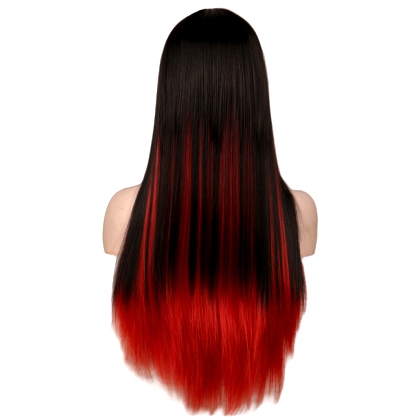 Perruque Rouge et Noire cheveux longs et raides + frange 68 cm