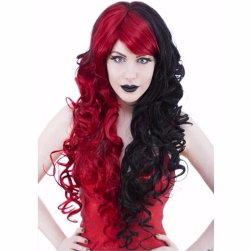 Perruque Rouge et Noire cheveux longs et bouclés 70 cm