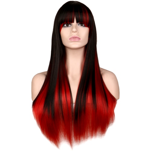 Perruque Rouge et Noire cheveux longs et raides + frange 68 cm