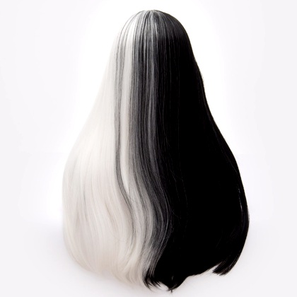 Perruque Blanche et Noire cheveux raides + frange 70 cm