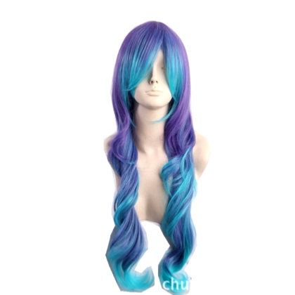 Perruque Violet dégradé Turquoise cheveux longs et bouclés 60 cm