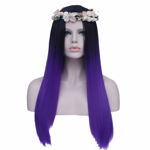 Perruque Noire et Violette cheveux longs et raides 60 cm 
