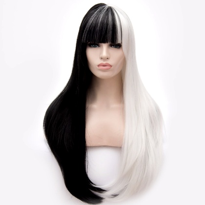 Perruque Blanche et Noire cheveux raides + frange 70 cm
