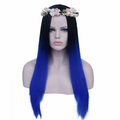 Perruque Noire et Bleue cheveux longs et raides 60 cm 