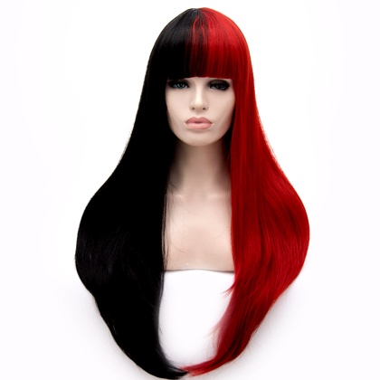 Perruque Noire et Rouge cheveux raides + frange 70 cm