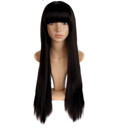 Perruque Noire Naturel cheveux longs et raides + frange 70 cm 