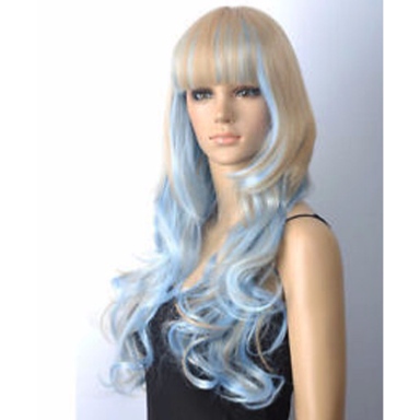 Perruque Bleue et Blonde cheveux longs et bouclés 80 cm