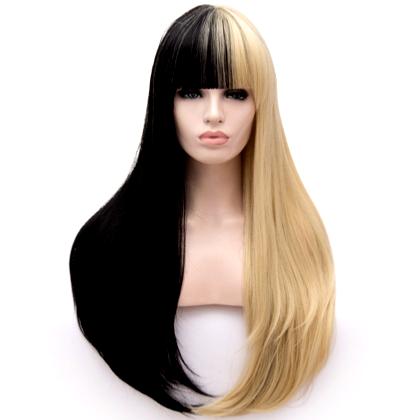 Perruque Blonde et Noire cheveux raides + frange 70 cm