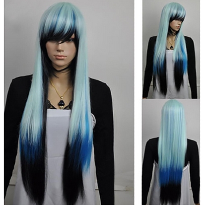 Perruque Bleue, Turquoise et Noire cheveux longs et raides 100 cm
