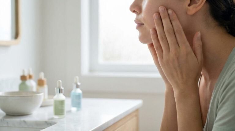 Gros plan sur une femme appliquant délicatement un soin sur sa joue dans une salle de bain, avec des flacons de sérum.