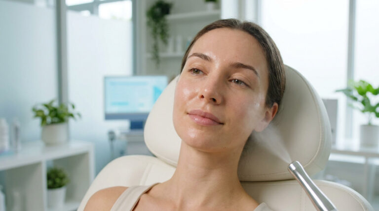 Une femme détendue reçoit un soin Jet Peel sur le visage dans une clinique moderne, sa peau est éclatante et hydratée.