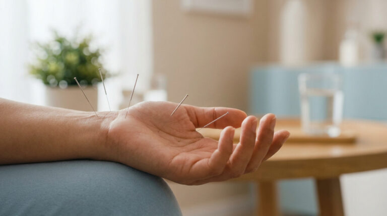 Main humaine avec des aiguilles d'acupuncture insérées dans différents points de pression.
