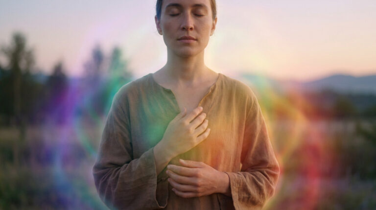Une personne médite paisiblement avec une aura colorée et lumineuse autour de son corps dans la nature.