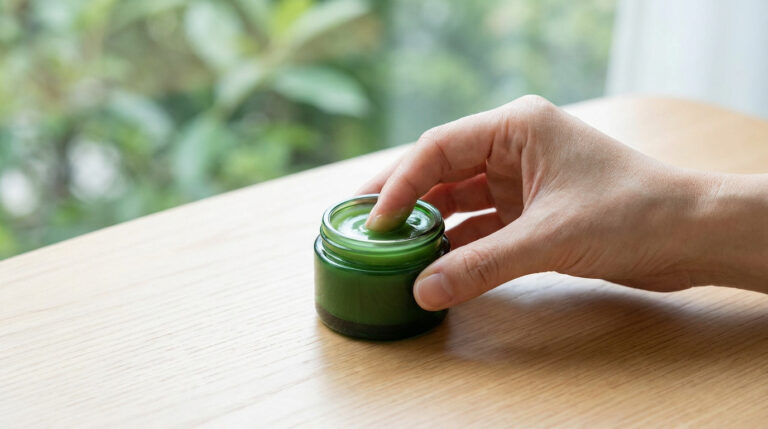Une main prélève une noisette de baume du tigre vert dans un petit pot en verre sur une table en bois.