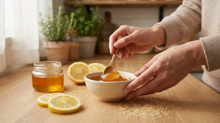 Préparation artisanale de cire orientale avec du sucre, du citron et une cuillère en bois dans un bol sur une table.