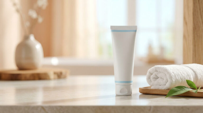 Un tube de crème blanche vierge posé sur un comptoir de salle de bain avec une serviette enroulée et une feuille verte.
