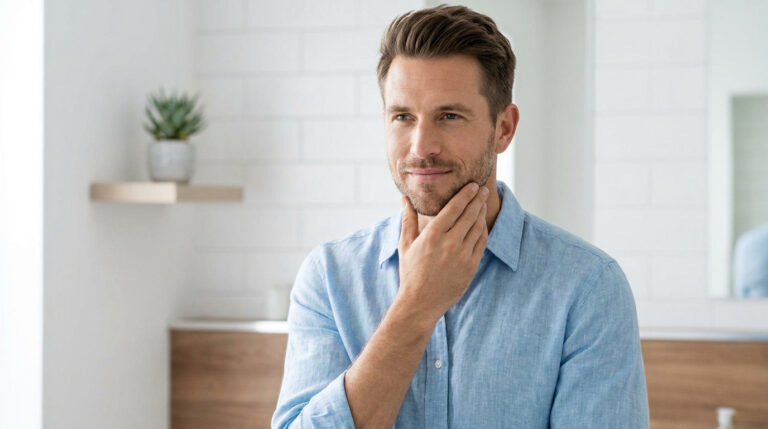 Un homme souriant en chemise bleue se touche le menton dans une salle de bain lumineuse.