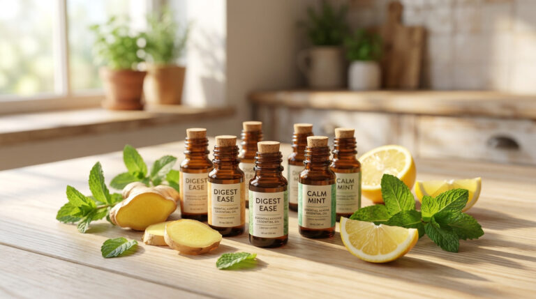 Flacons d'huiles essentielles sur une table avec du gingembre, du citron et de la menthe fraîche.