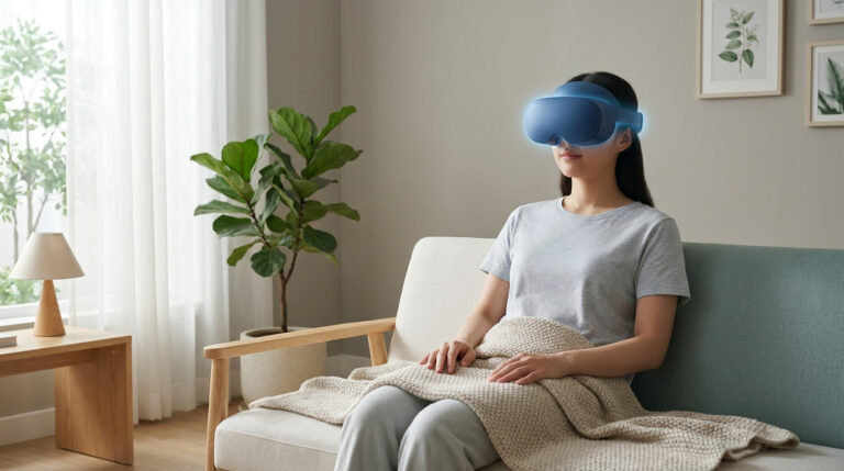Une femme assise sur un canapé porte un casque de réalité virtuelle bleu lumineux pour un moment de relaxation.