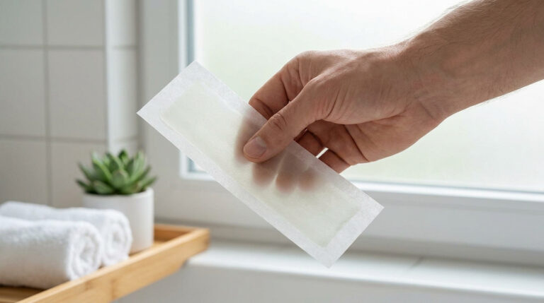Une main masculine tenant une bande de cire dépilatoire devant une fenêtre lumineuse.