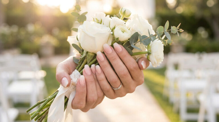 Mains d'une mariée tenant un bouquet de roses blanches avec une french manucure soignée.