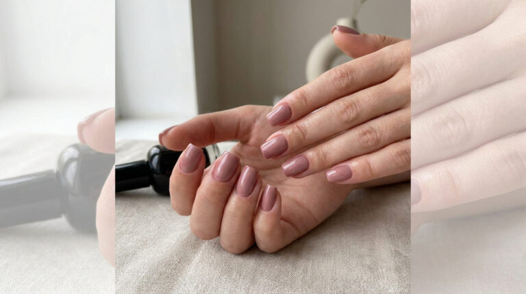 Mains aux ongles carrés courts avec un vernis à ongles de couleur nude brillant sur une surface en lin.