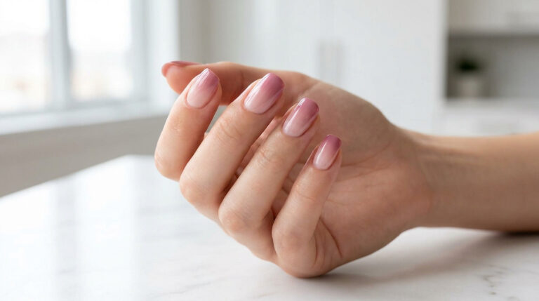Main féminine avec une manucure en dégradé rose pastel, de forme arrondie, posée sur une table en marbre.