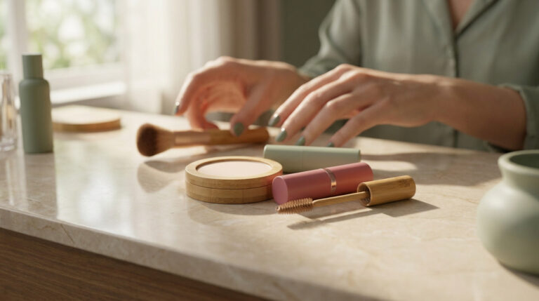 Mains d'une femme préparant des produits de maquillage naturels avec des contenants en bois et des tons doux.