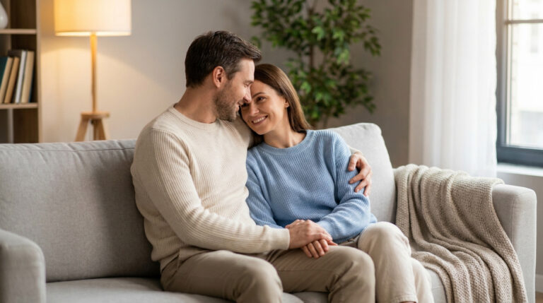 Un couple heureux et amoureux assis tendrement sur un canapé gris dans un salon lumineux.