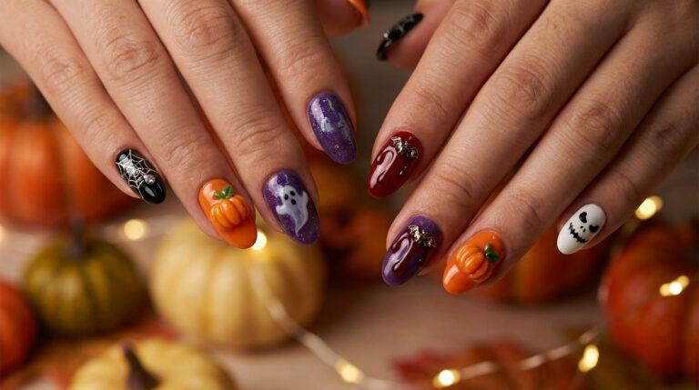 Mains avec des ongles décorés de motifs d'Halloween : citrouilles, fantômes, toiles d'araignée et chauves-souris.
