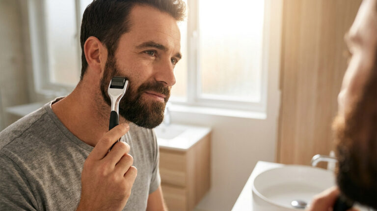 Un homme se regarde dans le miroir tout en utilisant un rouleau à barbe sur sa joue dans une salle de bain lumineuse.