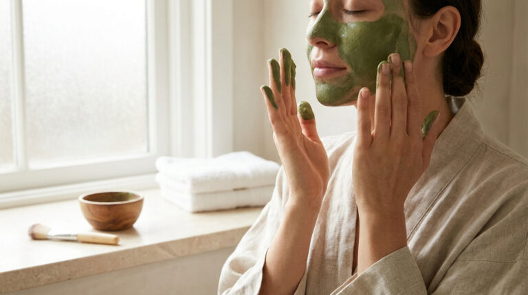 Une femme appliquant un masque à l'argile verte sur son visage devant une fenêtre lumineuse.