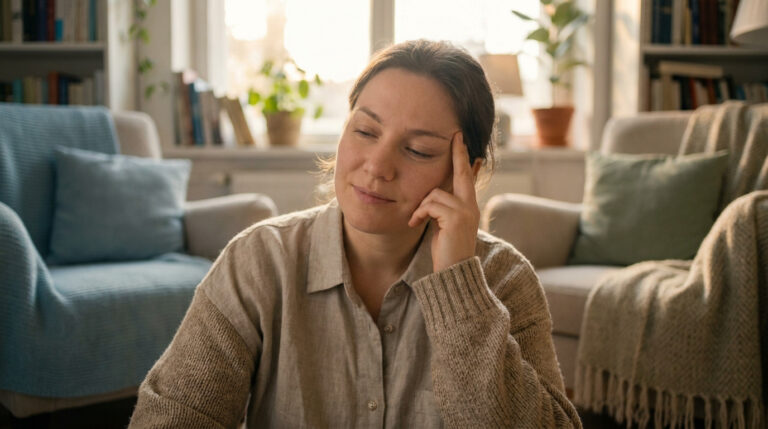 Une femme pensive assise dans un salon confortable, portant la main à son visage pour détendre sa mâchoire.