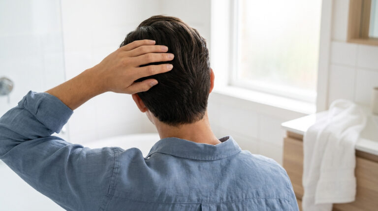 Un homme vu de dos examinant ses cheveux et son cuir chevelu devant un miroir de salle de bain.